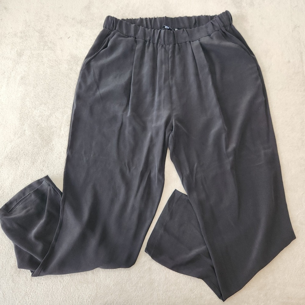 Toupy Paris 100% Silk Wide Leg Pants Black XL Pull On High Rise Minimalist